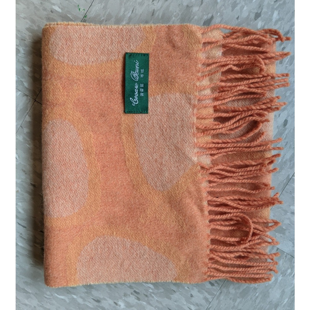 Cesare Bruni Wool Scarf Orange Peach Abstract Organic Pattern Fringe Trim